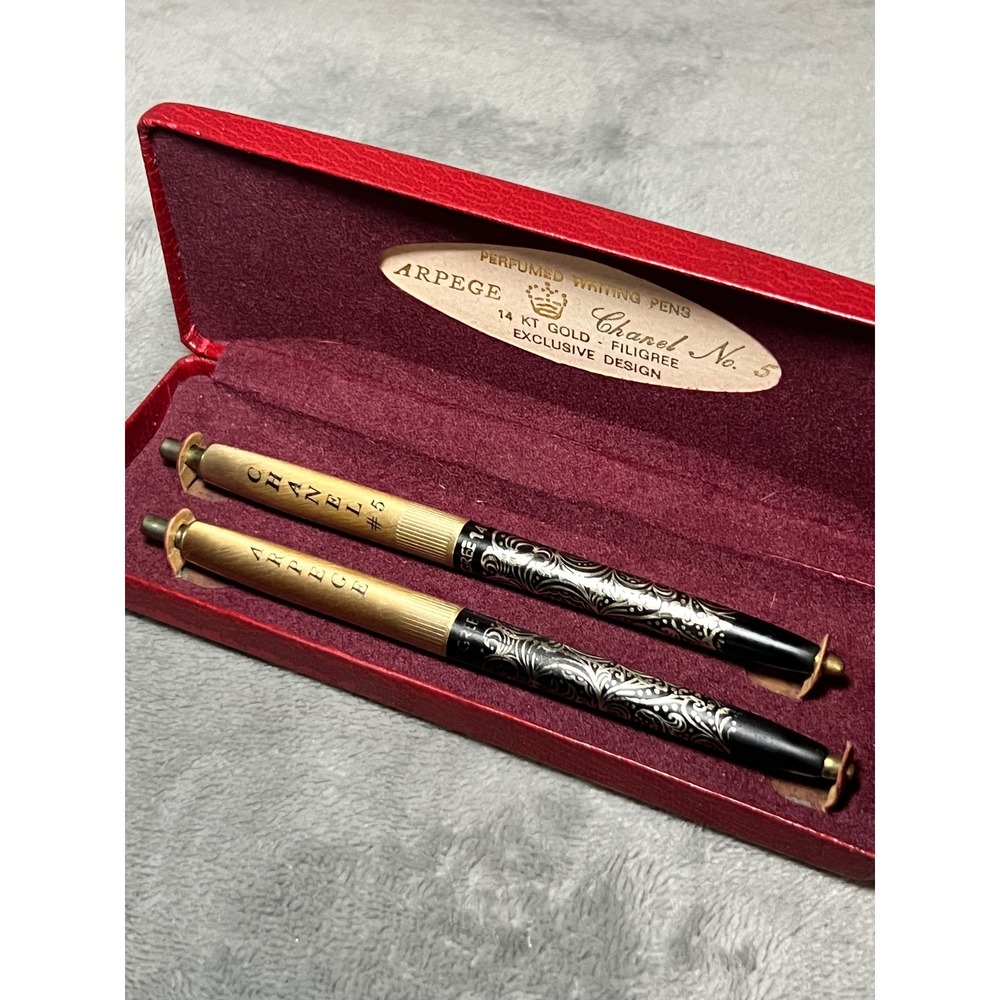 Vintage Arpege Chanel No 5 Perfumed Writing Pens 14KT Gold Filigree Set - Picture 3 of 5